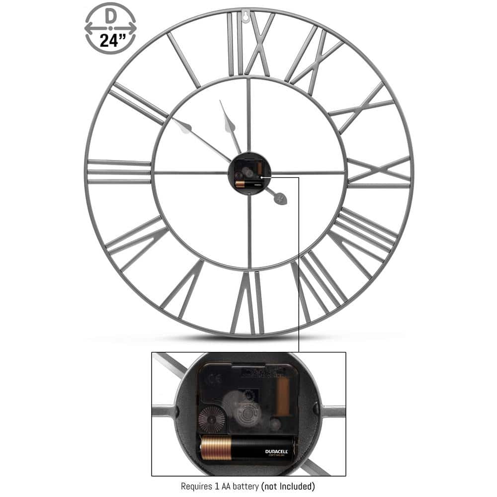 Oversized Silver Metal Roman Numeral Wall Clock