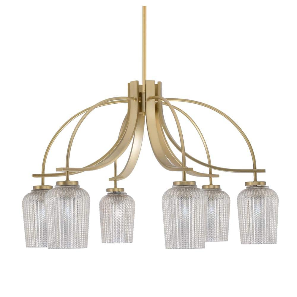 Olympia 19 in. 6-Light New Age Brass Downlight Chandelier Silver Textured Glass Shade