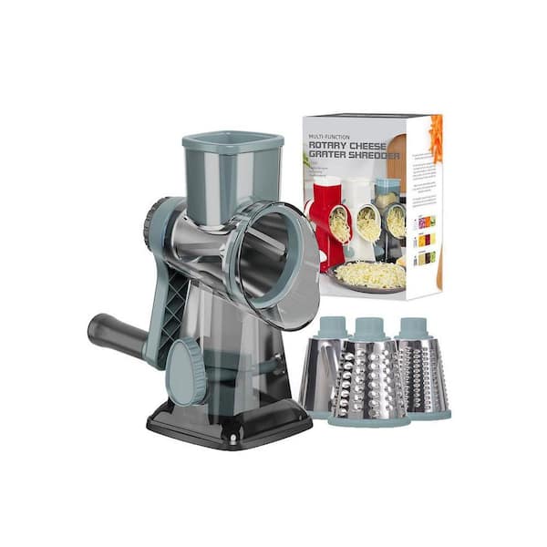 Rotary Cheese Grater Clear Manual Vegetable Slicer with Non-slip Suction Base and 3-Interchangeable Blades