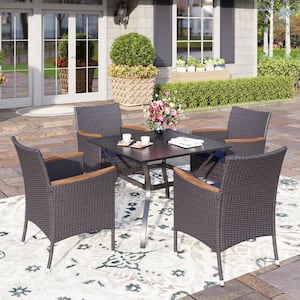 Black 5-Piece Metal Patio Outdoor Dining Set with Slat Square Table and Rattan Chairs with Blue Cushion