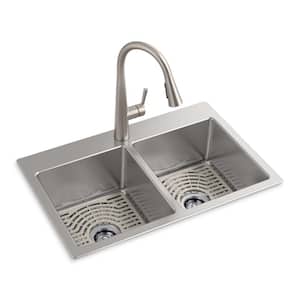 Cursiva 18 ga. Stainless Steel 33 in. Double Bowl Drop-In or Undermount Kitchen Sink with Faucet