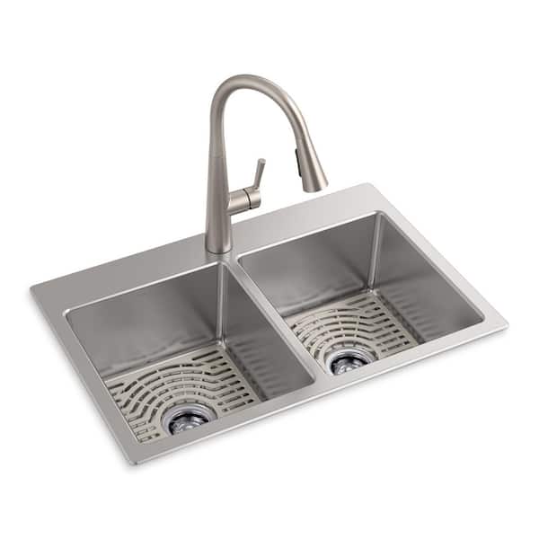 KOHLER Cursiva 18 ga. Stainless Steel 33 in. Double Bowl Drop-In or Undermount Kitchen Sink with Faucet