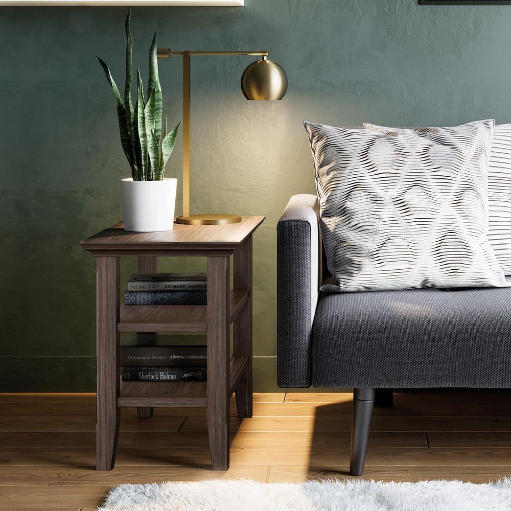 Farmhouse Brown Solid Wood Narrow Side Table with Shelves