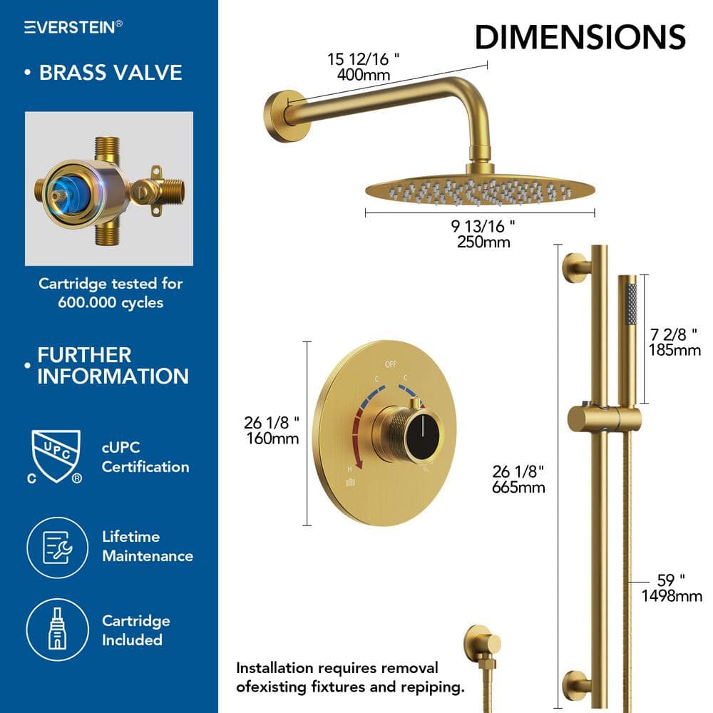 Brushed Gold 10" Rainfall Shower System with Handheld