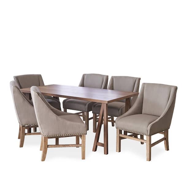 Noble House Sabine 7-Piece Silver Grey Fabric Upholstered and Natural Walnut Wood Dining Set