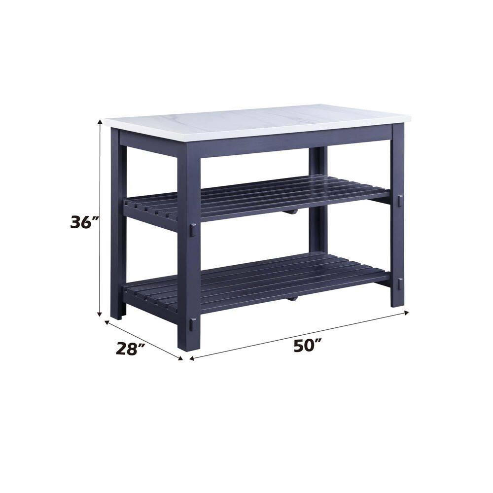Gray Wooden Kitchen Island with Marble Top and Shelves