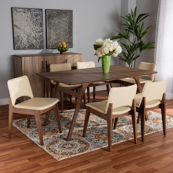 Baxton Studio Afton 7 Piece Beige and Walnut Brown Dining Set