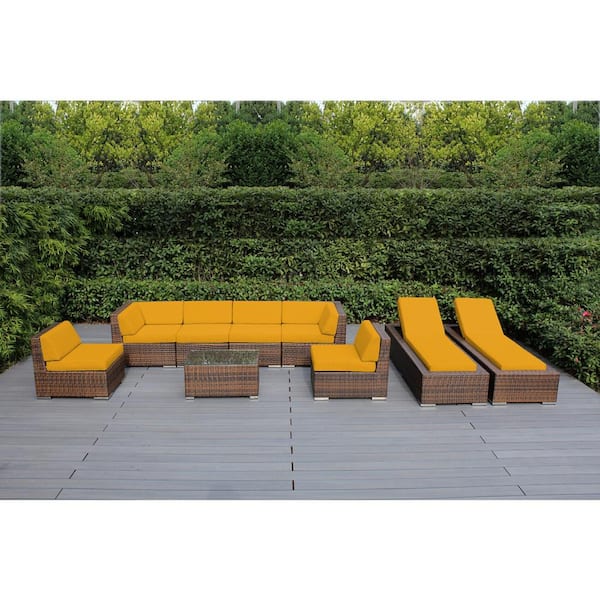 Mixed Brown 9-Piece Wicker Patio Combo Conversation Set with Sunbrella Sunflower Yellow Cushions