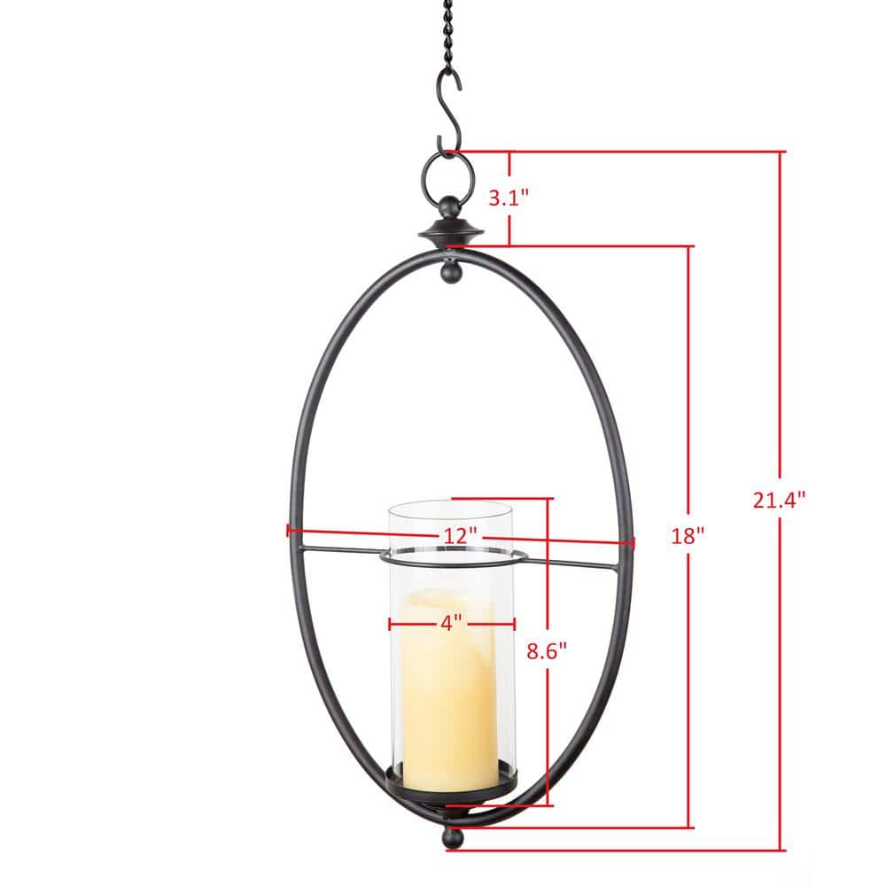 Oval Black Wrought Iron and Glass Hanging Hurricane Candle Sconce