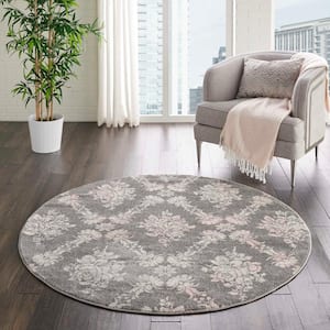 Tranquil Grey/Pink 5 ft. x 5 ft. Persian Vintage Round Area Rug