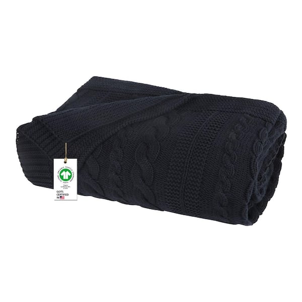 Delara GOTS Certified Organic Cotton Throw Blanket Dark Navy 50 in. x 70 in. for Sofa Couch Bed, Cable Knitted Throw Blanket