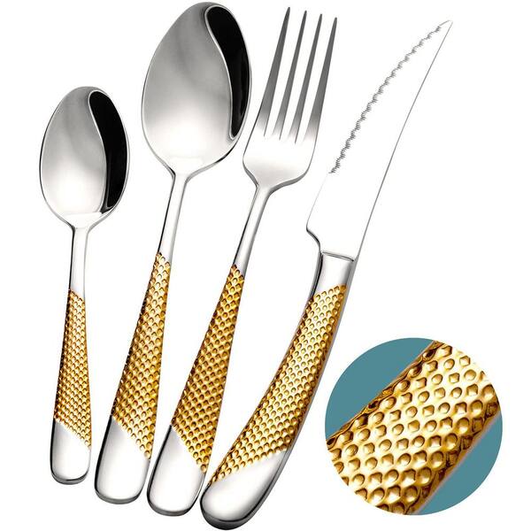 Stainless Steel 16-Piece Golden 18/10 Hammered Flatware Set, Service for 4
