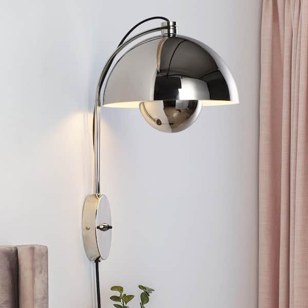 Modern 9.8 in. 1 Light Chrome Plug in Flower Pot Wall Sconces with Metal Dome Shade, Sleek Reading Wall Lamp with Switch