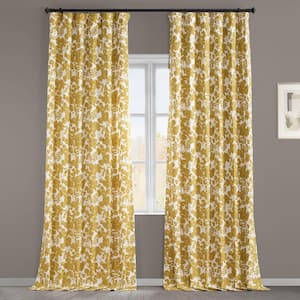 Fleur Gold Printed Cotton Twill 50 in. W x 108 in. L Rod Pocket Room Darkening Curtain (1 Panel)