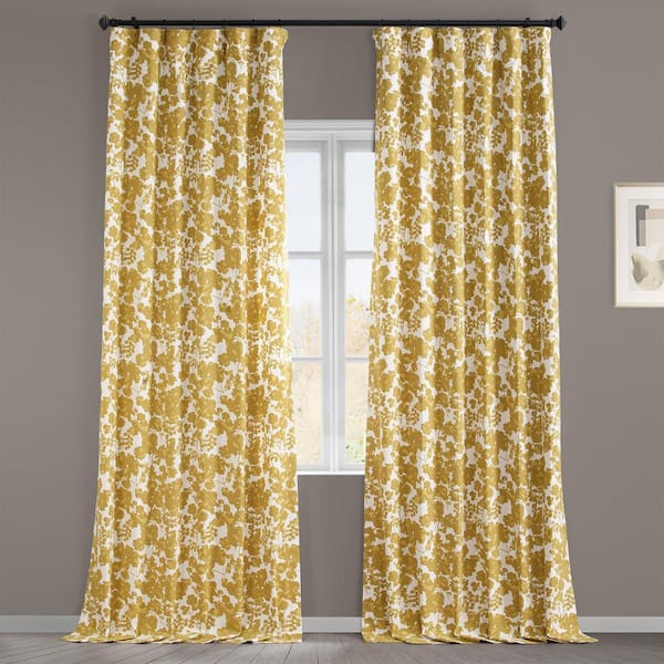 Exclusive Fabrics & Furnishings Fleur Gold Printed Cotton Twill 50 in. W x 84 in. L Rod Pocket Room Darkening Curtain (1-Panel)
