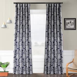 Flora Navy Polyester Room Darkening Curtain - 50 in. W x 96 in. L Rod Pocket with Back Tab Single Curtain Panel