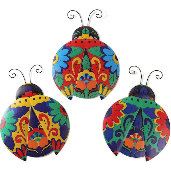 12.6 in. x 9.5 in. 3 Pieces Multicolored Metal Ladybugs Outdoor Wall Decor Sculpture