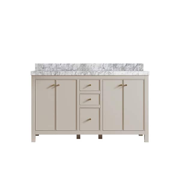 Willow Collections Chicago 60 in. Double Sink Freestanding Fine Grain Bath Vanity with Carrara Marble Top