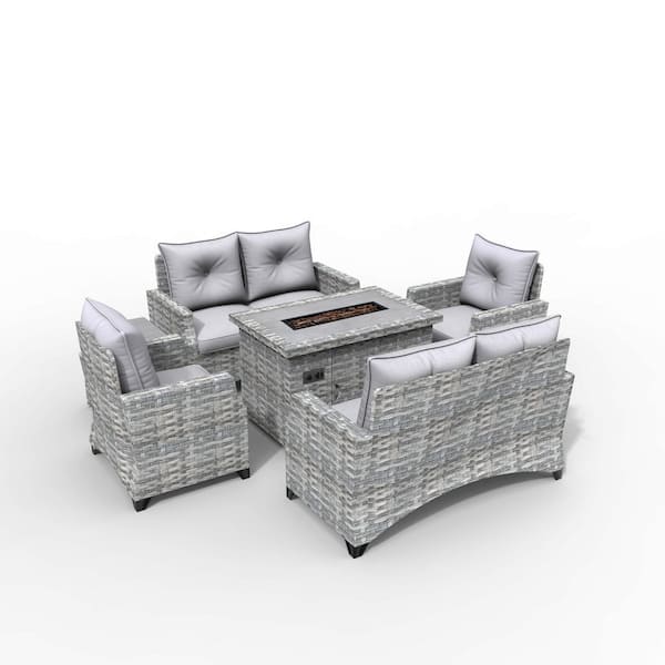 moda furnishings Dereion Gray 6-Piece Wicker Patio Fire Pit Conversation Sofa Set with Gray Cushions