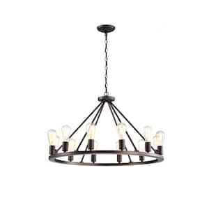 12-Light Bronze Iron Ceiling Lamp Chandelier Pendant with Round Metal Shade