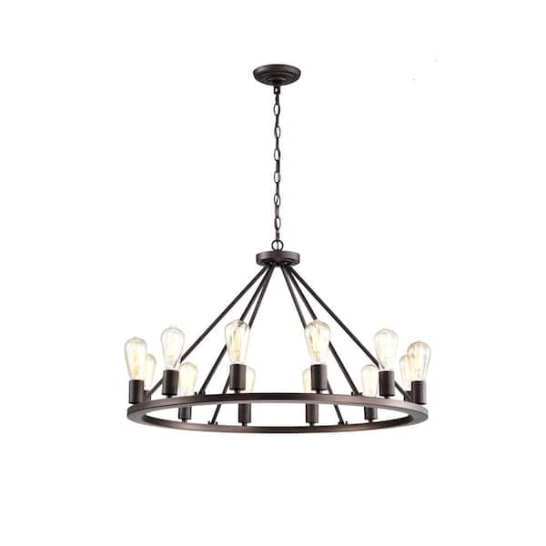 Tidoin 12-Light Bronze Iron Ceiling Lamp Chandelier Pendant with Round Metal Shade