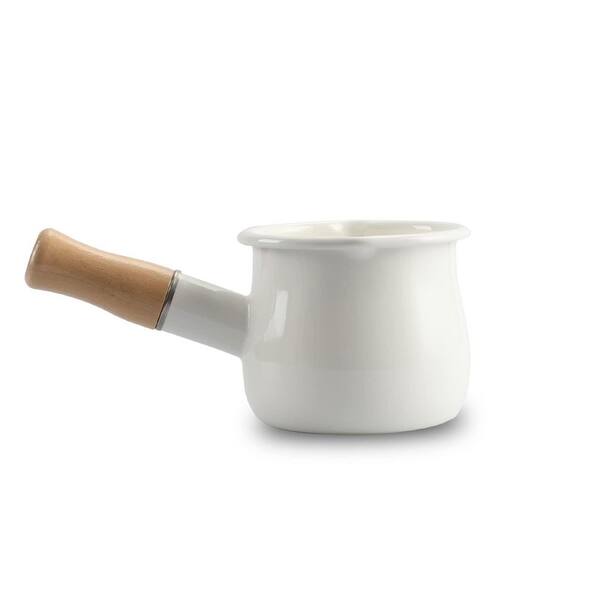 White Stoneware 0.6 qt. Mini Sauce Pan, Enamel Coated Non-Stick, Oven Safe, Wooden Effect Handle with Spout for Milk