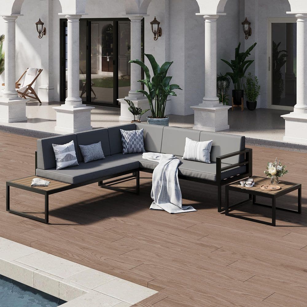 5-Piece Aluminum Patio Conversation Seating Set with Side Table, Coffee Table and Dark Grey Cushions