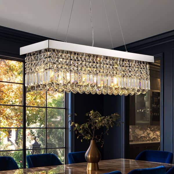 31.5 in. 6-Light Metal Silver Crystal Rectangular Chandelier for Living Room