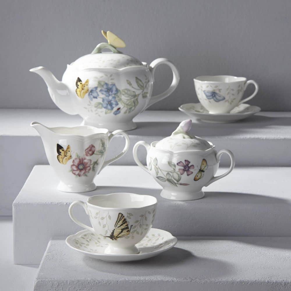 White Ceramic Floral Butterfly Scalloped Cup