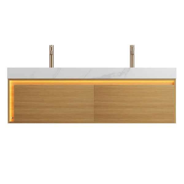 60 in. Wall-Mounted Light Oak Bath Vanity with Carrara White Sintered Stone Top Pre-Assembled