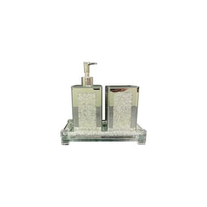 Ambrose Exquisite 3-Piece Square Silver Soap Dispenser and Toothbrush Holder with Tray Bath Accessory Set