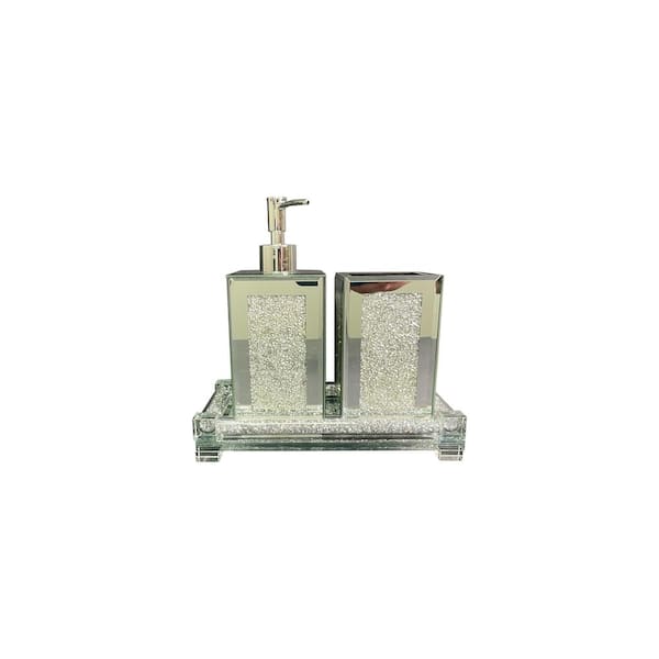 Amazing Rugs Ambrose Exquisite 3-Piece Square Silver Soap Dispenser and Toothbrush Holder with Tray Bath Accessory Set