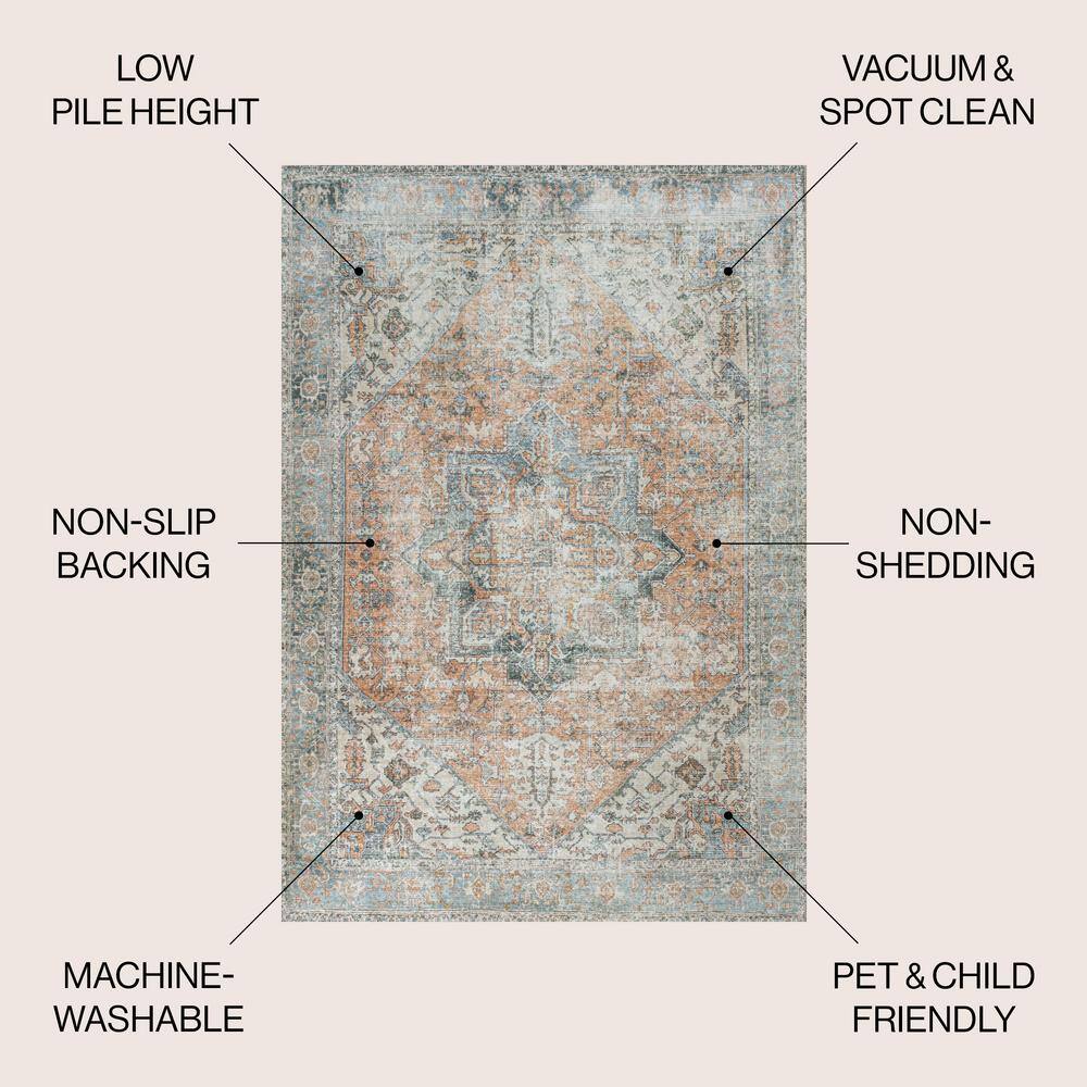 Armae Distressed Blue and Orange Chenille Washable Area Rug