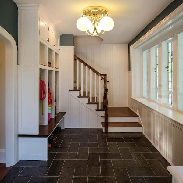 11.81 in. 3-Light Gold Farmhouse Semi-Flush Mount Ceiling Light with Frosted Glass Shade