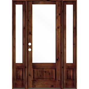 64 in. x 96 in. Knotty Alder Right-Hand/Inswing 3/4-Lite Clear Glass Red Chestnut Stain Wood Prehung Front Door with DSL