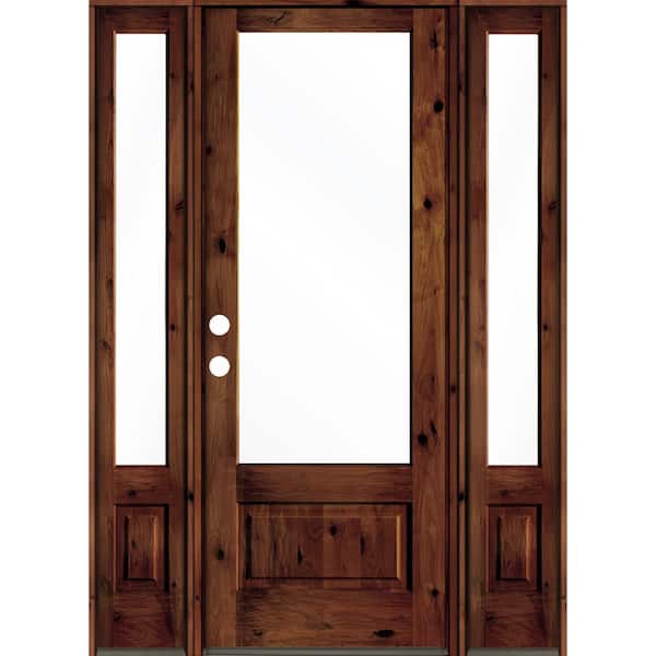 Krosswood Doors 64 in. x 96 in. Knotty Alder Right-Hand/Inswing 3/4-Lite Clear Glass Red Chestnut Stain Wood Prehung Front Door with DSL