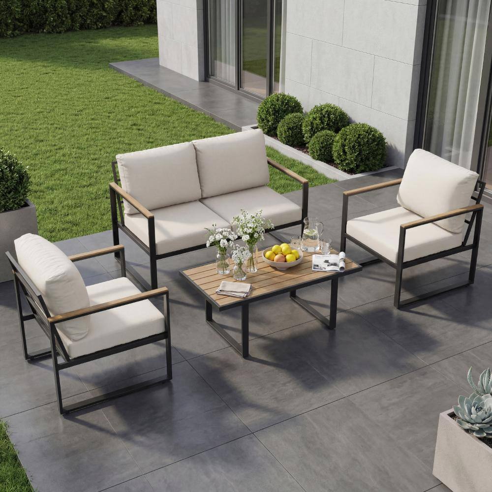 Four-Piece Patio Furniture with Rope Weaving and Metal Frame, Off-White Cushions price history on PriceWatchPro