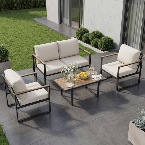 Four-Piece Patio Furniture with Rope Weaving and Metal Frame, Off-White Cushions