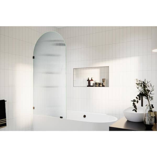 Glass Warehouse Venus 34 in. W x 66.75 in. H Single Fixed Frameless Arched Fluted Tub Door in Oil Rubbed Bronze without Handle