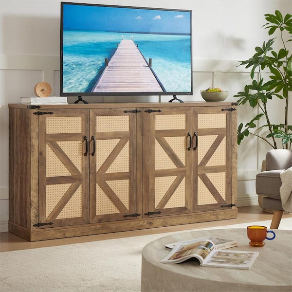 FUNKOL 64.96 in. x 15.75 in. x 34.05 in. Oak Color Wooden Faux Rattan Wine Cooler w/4 Magnetic Bin-Doors and Adjustable Shelves