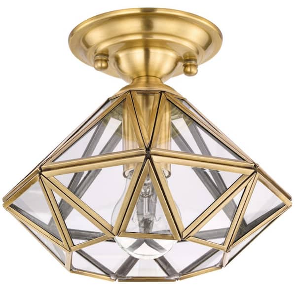 Meluaim 11.61 in. 1-Light Brushed Solid Brass Flush Mount with Tempered Glass Shade and No Bulbs Included