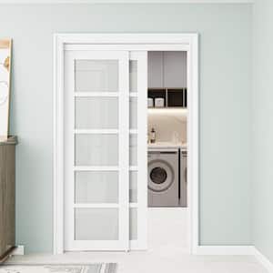 48 in. x 80 in. 5-Lite Tempered Frosted Glass and White MDF Interior Closet Sliding Door with Hardware Kit