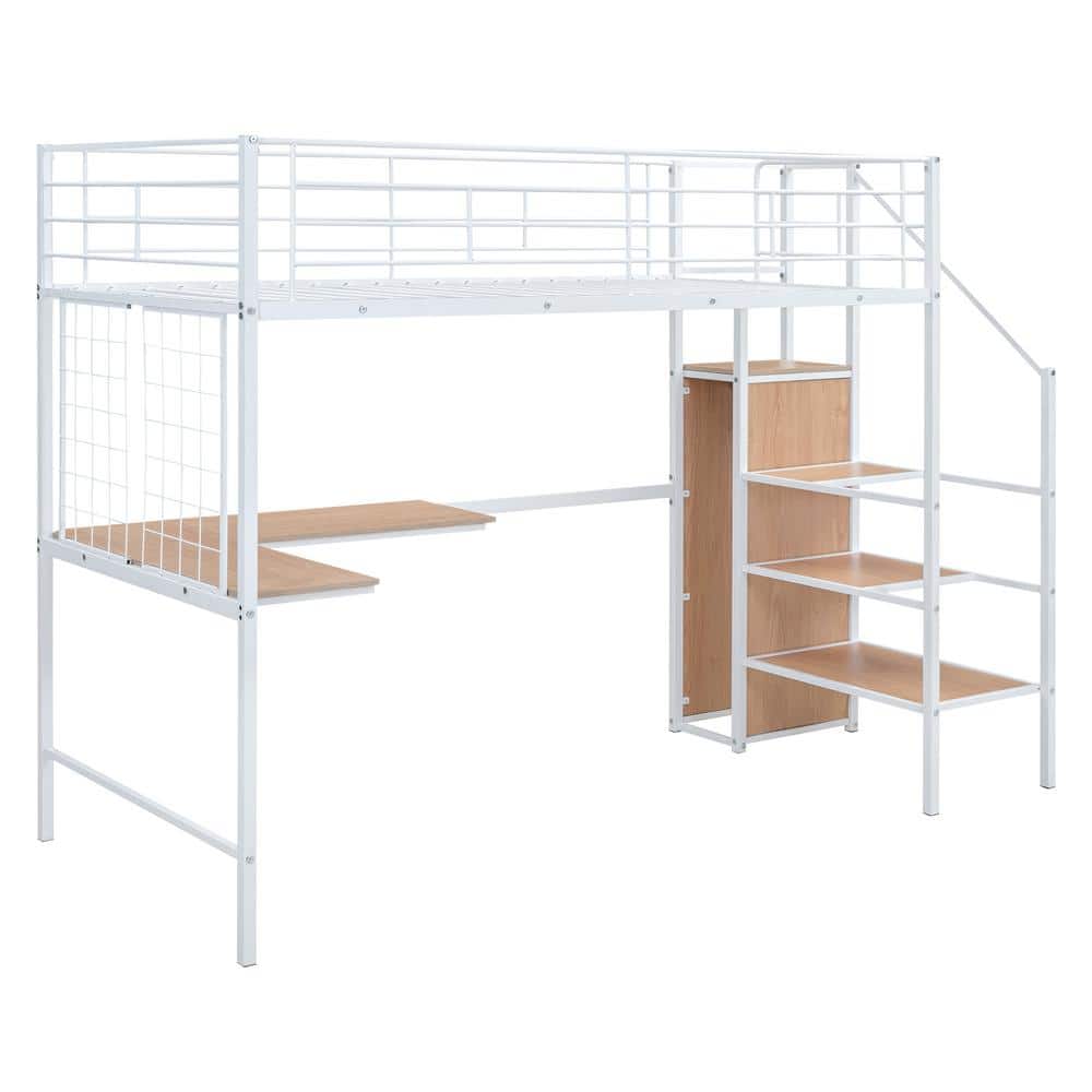 Harper & Bright Designs White Twin Size Metal Loft Bed with Builtin