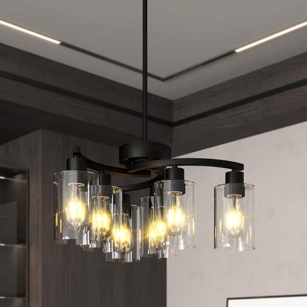 6-Light Black Chandelier with Clear Glass Shade, 22 in. Farmhouse Linear Chandelier, Pendant Light for Dining Room