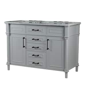 48 in W x 22 in D x 36 in H Double Bathroom Vanity Side Cabinet in Light Gray w/White Marble Top and Black Hardware