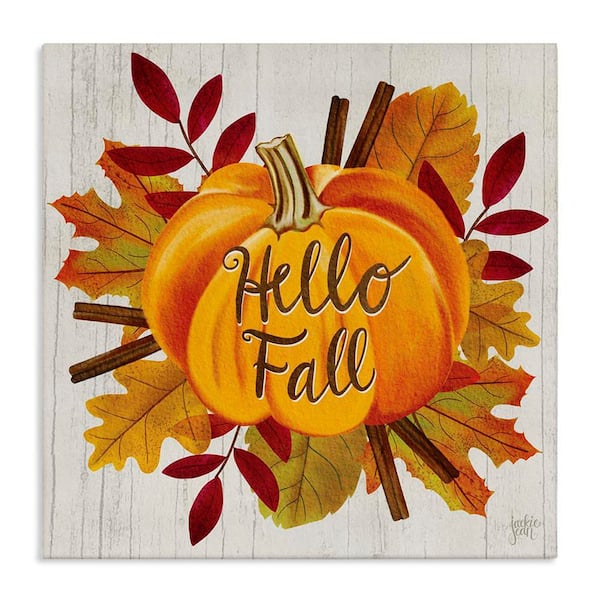 Stupell Industries Hello Fall Sentiment Pumpkin Autumn Tree Leaves by Jackie Quigley Unframed Graphic Country Art Print 36 in. x 36 in.