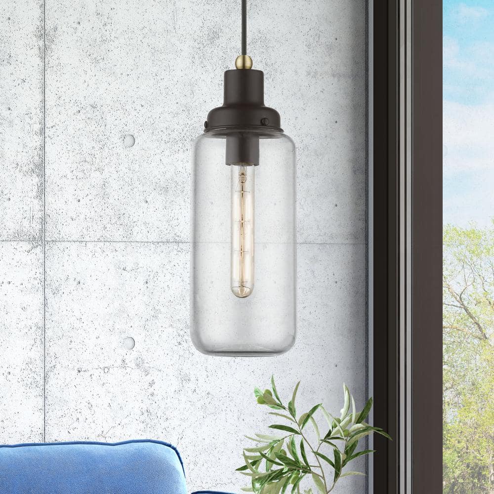 Bronze and Antique Brass Mini Pendant with Clear Glass Shade