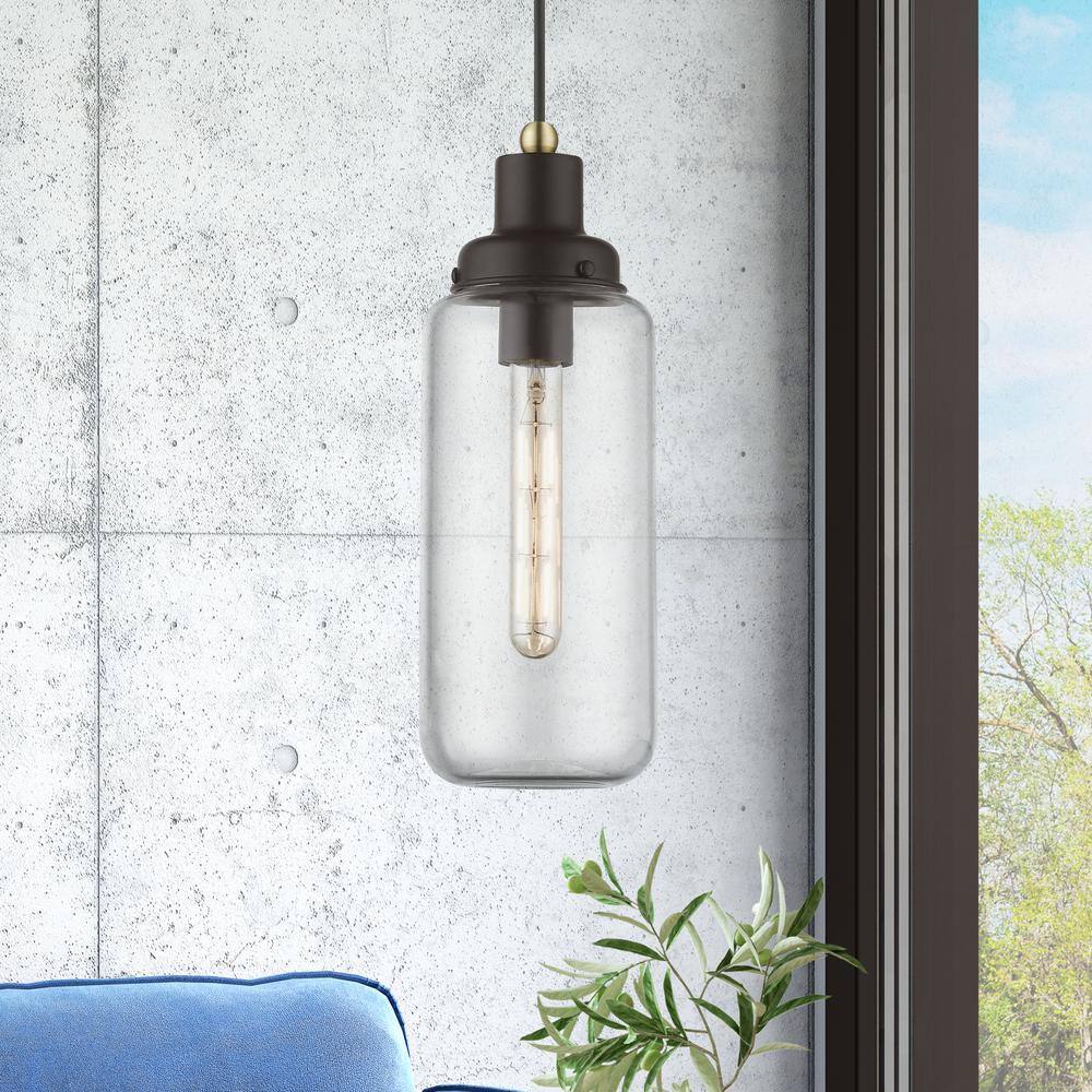 Bronze and Antique Brass Mini Pendant with Clear Glass Shade