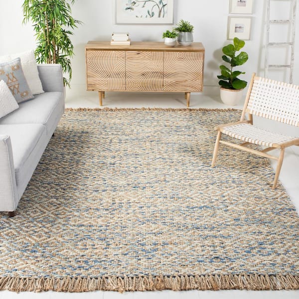 Natural Fiber Beige/Blue 9 ft. x 12 ft. Woven Thread Area Rug