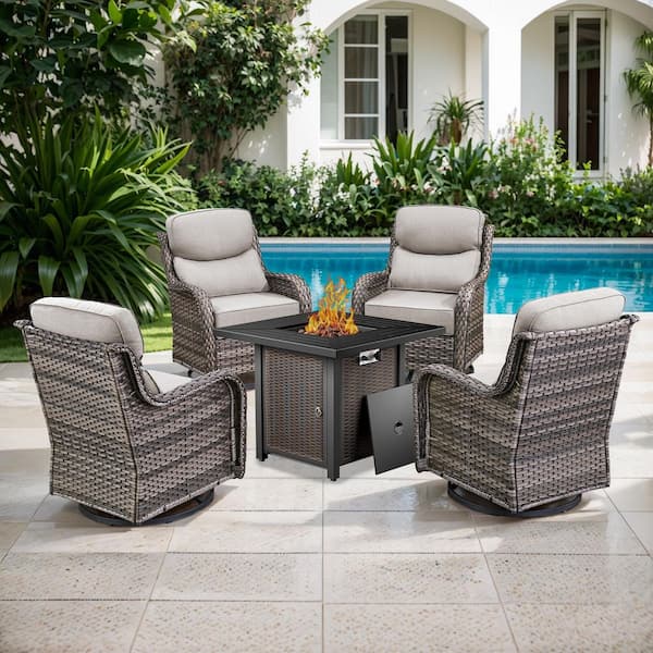 Pocassy 5-Piece Wicker Outdoor Patio Fire Pit Set with CushionGuard Beige Cushions